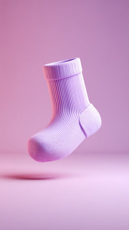 A single, lavender sock levitates against a soft pink backdrop, showcasing its texture and design in a minimalist, artistic composition.の素材