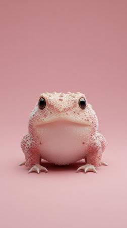 A close-up shot of a pink frog sitting on a pink surface, with a focused expression.の素材