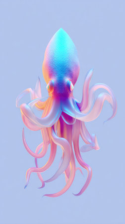 An artistic illustration of a colorful squid with flowing tentacles, set against a soft, light blue backdrop. The squid is rendered with a gradient of bright colors.の素材