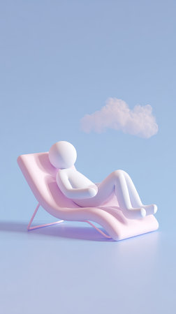 A serene image of a white figure reclining on a pink lounge chair, enjoying a peaceful moment under a clear blue sky.の素材