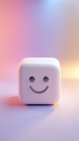 A white cube with a smiling face on a gradient background.の素材