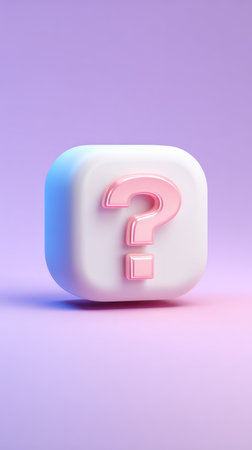 A 3D render of a question mark on a white cube against a purple background.の素材