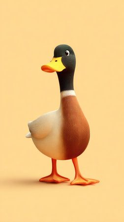 A charming cartoon duck with detailed features, standing on its feet, set against a solid yellow backdrop.の素材