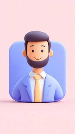 A 3D cartoon illustration of a man with a beard, wearing a blue suit and yellow tie, smiling.の素材