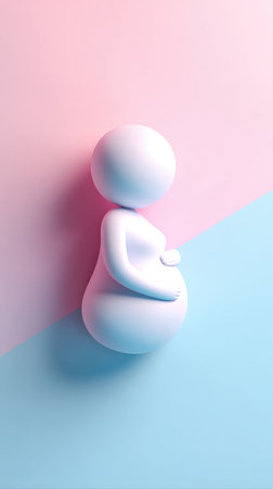 A minimalist illustration of a pregnant woman figure on a pastel pink and blue background, representing pregnancy and motherhood.の素材