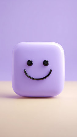 A close-up shot of a purple cube with a smiling face on a beige surface.の素材