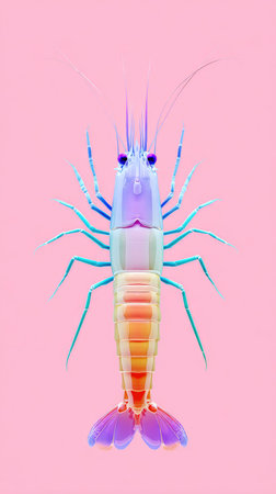 This image showcases a vividly colored shrimp against a soft pink backdrop, highlighting its intricate details and vibrant hues.の素材