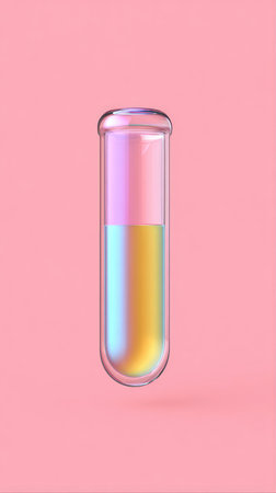 A test tube filled with colorful liquid against a pink backdrop.の素材