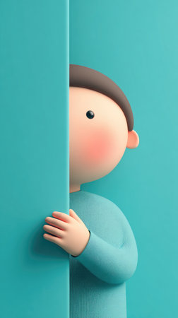 A cute cartoon character peeking from behind a blue wall, with a curious expression.の素材