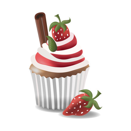 Stylized cupcake with whipped cream, strawberry, and cinnamon stick. Bright dessert illustration perfect for food design, bakery ads, and sweet-themed content, vectorのイラスト素材