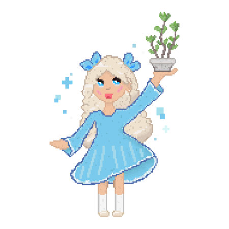 A charming pixel art illustration of a fantasy girl with long, wavy blonde hair tied with blue bows, holding a potted plant above her head. Illustration retro gaming and cute character designの写真素材
