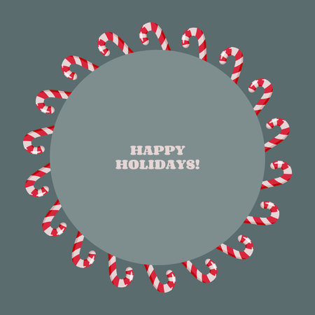 Radial arrangement of red and white candy canes forming a festive wreath around bold HAPPY HOLIDAYS text. Cheerful holiday design on muted teal background, ideal for seasonal cards or packagingのイラスト素材