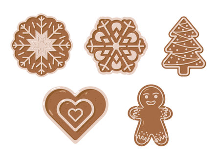 Set of five festive gingerbread cookies snowflakes, Christmas tree, heart, and gingerbread person. Perfect for holiday-themed designs, seasonal, Christmas vector illustrationsのイラスト素材