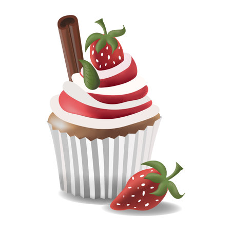 Stylized cupcake with whipped cream, strawberry, and cinnamon stick. Bright dessert illustration perfect for food design, bakery ads, and sweet-themed contentの写真素材