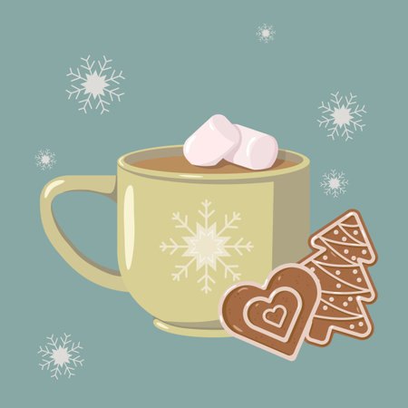 Cup of hot chocolate with marshmallows, Christmas cookies in heart and tree shapes, and snowflakes on a blue background. Cozy winter holiday illustration for greeting cards and printsのイラスト素材