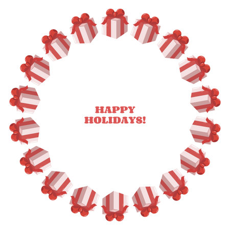 Holiday greeting card with red and white gift boxes arranged in a circular wreath shape and Happy Holidays text in the center. Festive Christmas and New Year background illustrationのイラスト素材