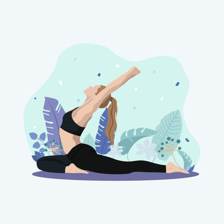 Young woman doing yoga split pose outdoors. Fitness girl stretching body and meditating in nature. Healthy lifestyle, sport, and mindfulness concept. Illustration with tropical plants backgroundの写真素材
