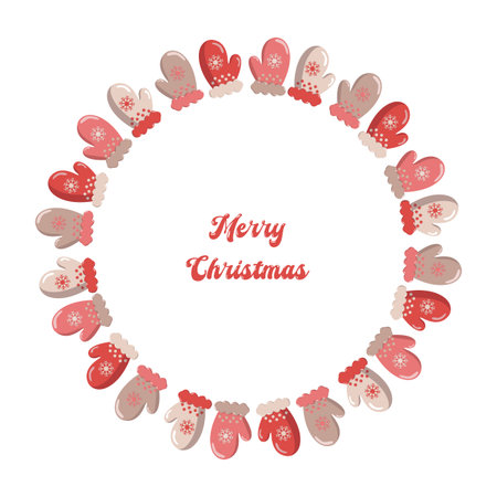 Christmas wreath made of winter mittens in red, pink, and beige with snowflake patterns. Merry Christmas text in center. Cozy and festive design perfect for seasonal cards, packaging, or decorのイラスト素材