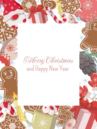 Festive Christmas greeting card with a decorative border of gingerbread cookies, candy canes, gifts, mittens, and winter elements. Elegant Merry Christmas and Happy New Year message in the centerのイラスト素材