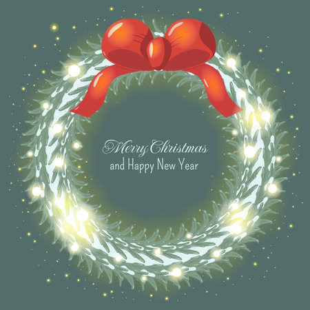 Christmas wreath of frosted green foliage with glowing lights and red bow on muted teal background. Merry Christmas and Happy New Year text in center. Elegant festive design for seasonal cards or decorのイラスト素材