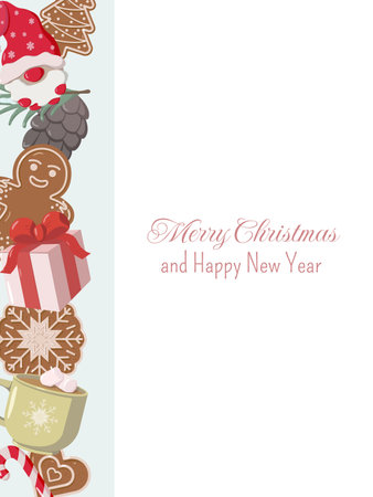 Christmas greeting card with vertical row of festive icons Santa cookie, pine cone, gingerbread man, gift, snowflake, mug, and heart cookie. Merry Christmas and Happy New Year text on white backgroundのイラスト素材