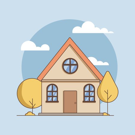 Cute cozy house with orange roof and trees in autumn colors. Flat illustration of suburban home with blue sky and clouds. Perfect for real estate, architecture, and lifestyle design projectsの写真素材