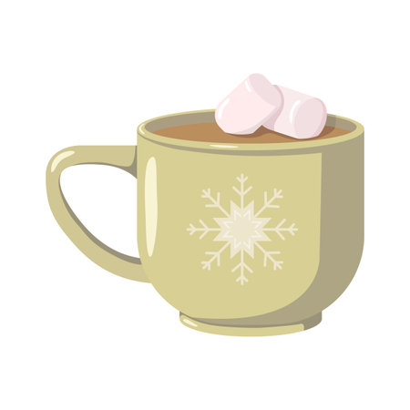 A cup of hot chocolate with pink marshmallows and a snowflake pattern. A cozy illustration in a cute cartoon style, perfect for Christmas, packaging, and holiday contentの写真素材
