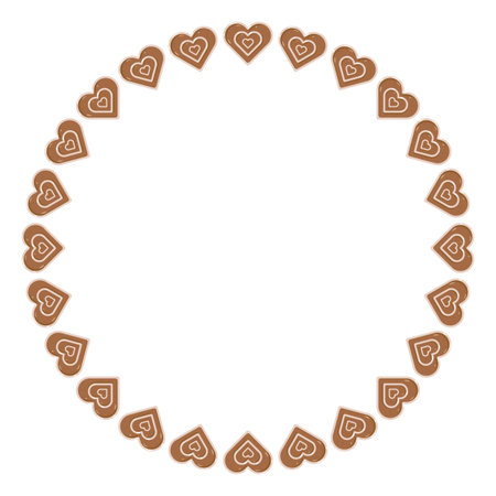 Frame made of gingerbread heart cookies with icing decoration. Perfect for Christmas, Valentines Day, holiday greeting cards, festive invitations, and sweet dessert designsの写真素材