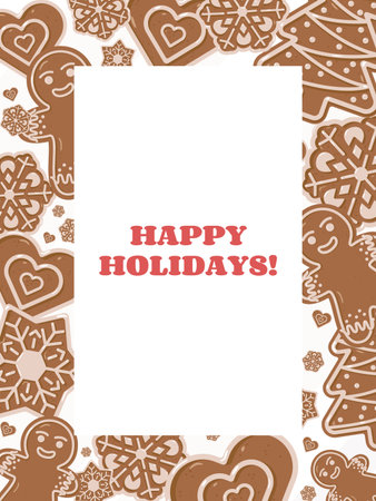 Festive Christmas greeting card with gingerbread cookies and text Happy Holidays. Cute vector illustration for winter celebration, holiday invitation, or New Year postcard designのイラスト素材