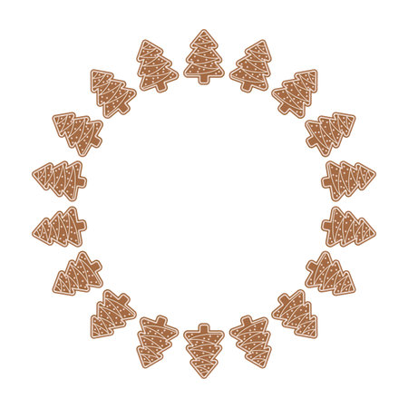 Circular arrangement of gingerbread cookies shaped like Christmas trees with white icing. Festive wreath vector design ideal for seasonal decor, packaging, Christmas illustrationsのイラスト素材