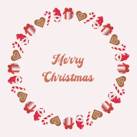 Circular wreath of candy canes, gingerbread hearts, Santa hats, and gift boxes on pink background. Merry Christmas text in center. Cheerful holiday design for festive cards or seasonal decorのイラスト素材