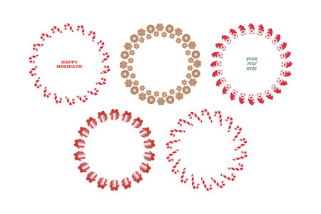 Set of five Christmas wreaths featuring candy canes, gingerbread cookies, Santa heads, and gift boxes. Includes text HAPPY HOLIDAYS and YOUR TEXT HERE. Festive and decorative design for seasonal useのイラスト素材