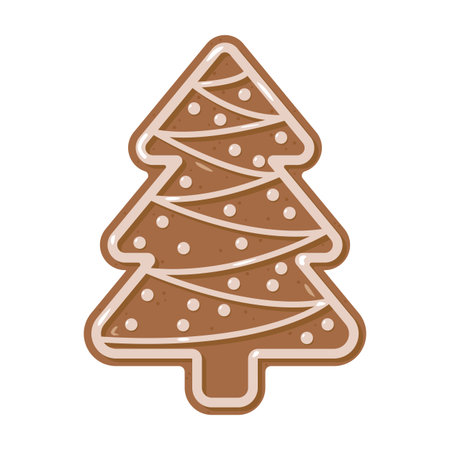 Vector illustration of a gingerbread Christmas tree cookie decorated with icing. Festive holiday dessert design perfect for winter greeting cards, packaging, posters, and New Year decorationsのイラスト素材