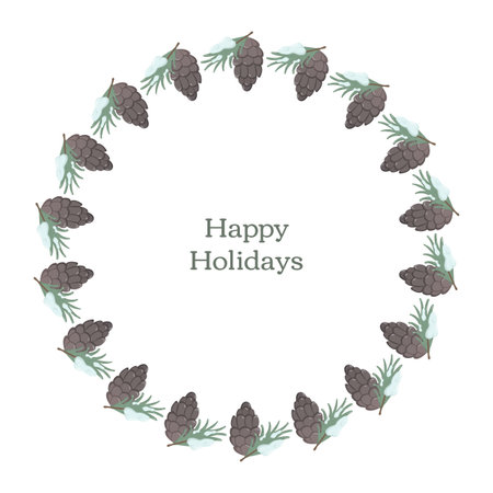 Christmas wreath made of pinecones, green needles, and snowy accents arranged symmetrically around Happy Holidays text. Elegant seasonal design perfect for festive cards or winter-themed decorのイラスト素材