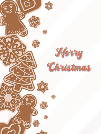 Christmas greeting card with gingerbread cookies in shapes of tree, snowflake, and man. Festive vector background for holiday design, invitation, or winter decorationのイラスト素材