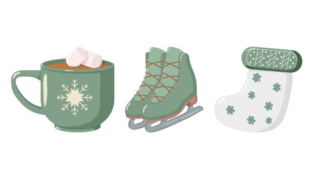 Stylized winter illustration featuring a mug with marshmallows design, a pair of green ice skates and a white Christmas stocking. Cozy festive elements ideal for seasonal decor or themed compositionsのイラスト素材