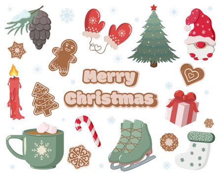 Festive Christmas illustration featuring Merry Christmas in gingerbread-style lettering, surrounded by holiday icons tree, mittens, gnome, gingerbread cookies, mug, candy cane, ice skates, snowflakesのイラスト素材