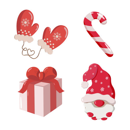 Set of four festive illustrations red mittens with snowflakes and heart-shaped string, striped candy cane, wrapped gift with red bow, and stylized gnome. Cheerful holiday design for seasonal useのイラスト素材
