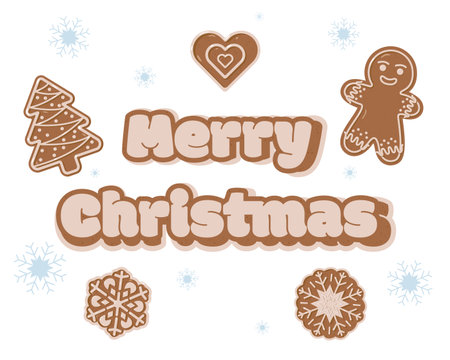 Merry Christmas in gingerbread-style lettering surrounded by festive cookies tree, heart, gingerbread person, and snowflakes. Cozy and cheerful holiday vector Christmas illustrationのイラスト素材