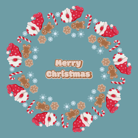 Christmas wreath illustration featuring gnome, gingerbread men, candy canes, snowflakes, and cookie shapes. Whimsical and festive vector Christmas design for seasonal greetings or decorのイラスト素材