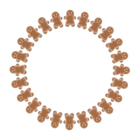Raster illustration of a gingerbread man cookie wreath arranged in a circle. Festive Christmas border or frame design, perfect for holiday cards, invitations, packaging, and seasonal decorationsの写真素材