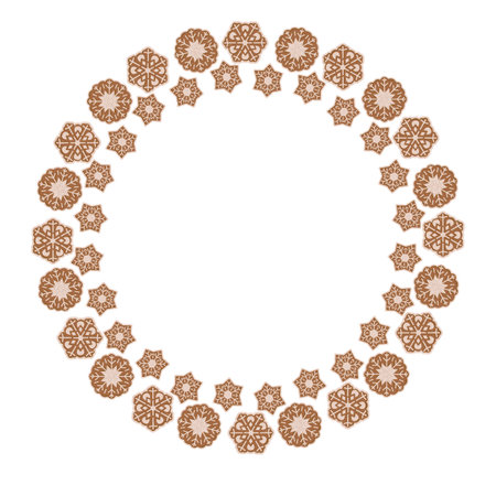 Circular arrangement of alternating snowflake and star shapes with intricate details. Symmetrical geometric design ideal for winter themes, decorative backgrounds, or festive illustrationsの写真素材