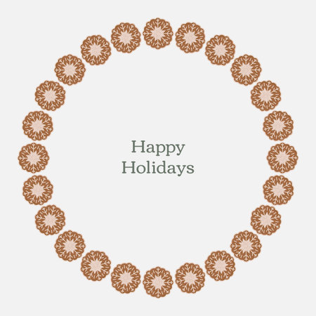 Festive holiday wreath made of gingerbread cookies with snowflake icing and text Happy Holidays in the center. Christmas card or greeting design on white backgroundの写真素材