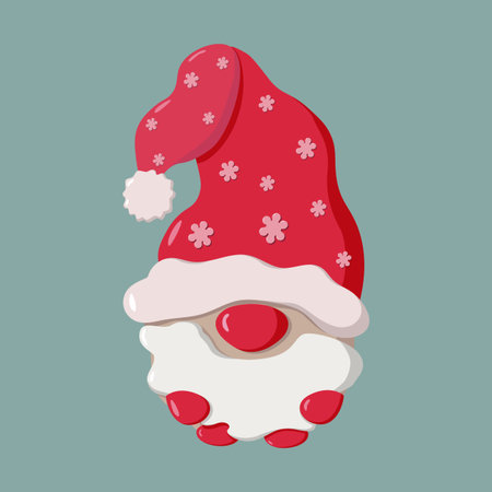 Cute Christmas gnome in a red hat with snowflakes. Festive winter illustration perfect for holiday cards, decorations, prints, and New Year designsの写真素材