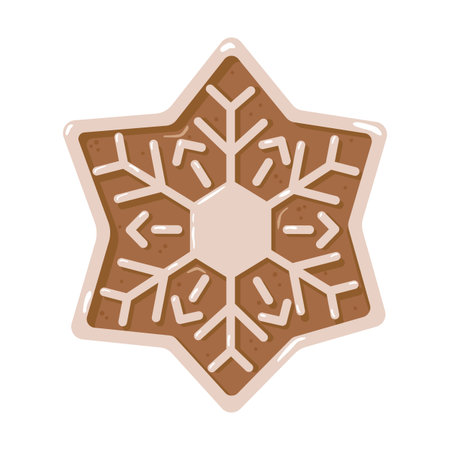 Illustration of a gingerbread cookie in the shape of a snowflake. Cute festive design for Christmas cards, packaging, stickers, decorations, and holiday printsの写真素材