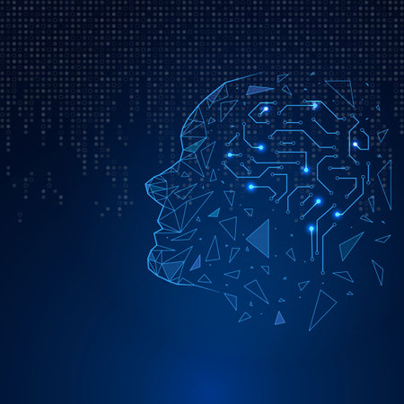 Abstract digital illustration of a human head made of geometric fragments and circuits, symbolizing artificial intelligence, neural networks, and modern technologyの写真素材