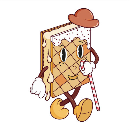 A cute cartoon character in the form of a waffle with a hat and a lollipop. A smiling, sweet dessert mascot happily walking down the road. Vector illustration for children and bakery designのイラスト素材