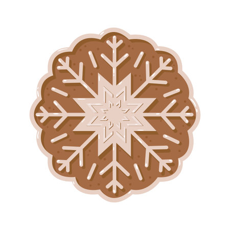 Vector illustration of a round gingerbread cookie shaped like a snowflake with icing decoration. Perfect for Christmas cards, holiday patterns, packaging, and festive designsのイラスト素材