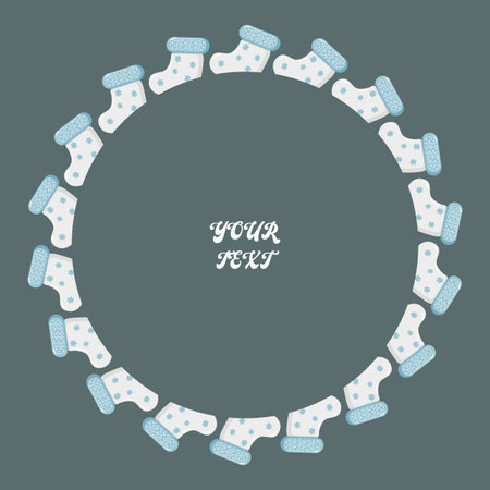 Circular arrangement of winter socks with blue snowflakes and polka dots. Editable center text makes it perfect for seasonal cards, invitations, or festive branding. Vector illustrationのイラスト素材
