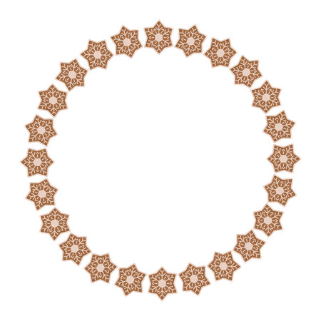 Circular arrangement of 24 symmetrical star-shaped elements resembling snowflakes or mandalas. Decorative geometric design with perfect radial symmetry. Vector illustrationのイラスト素材